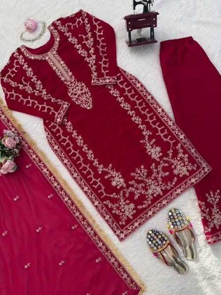 Impressive Red kurta Intricate Thread with Sequnce work Plazoo and dupatta with fancy lace detailing Ready To Wear Collection
