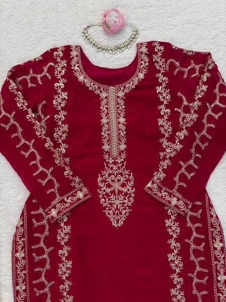 Impressive Red kurta Intricate Thread with Sequnce work Plazoo and dupatta with fancy lace detailing Ready To Wear Collection