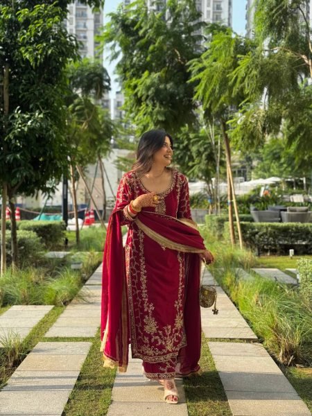 Impressive Red kurta Intricate Thread with Sequnce work Plazoo and dupatta with fancy lace detailing Ready To Wear Collection