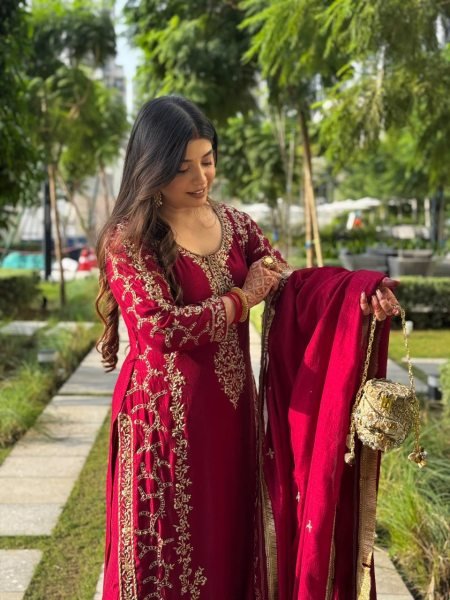 Impressive Red kurta Intricate Thread with Sequnce work Plazoo and dupatta with fancy lace detailing Ready To Wear Collection