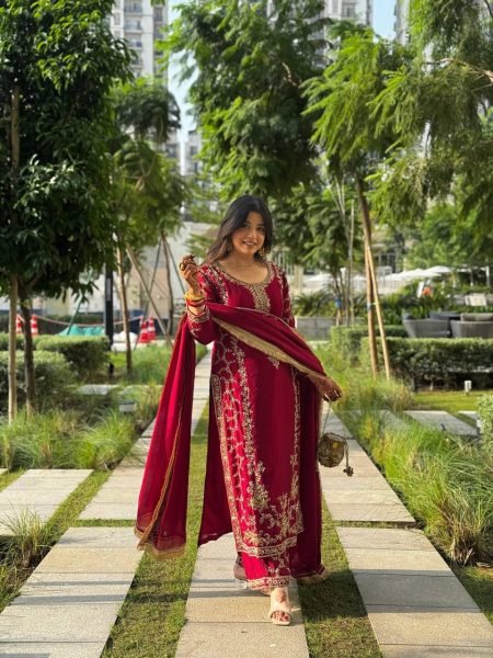 Impressive Red kurta Intricate Thread with Sequnce work Plazoo and dupatta with fancy lace detailing Ready To Wear Collection