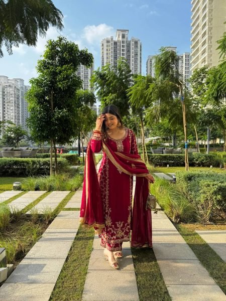 Impressive Red kurta Intricate Thread with Sequnce work Plazoo and dupatta with fancy lace detailing Ready To Wear Collection