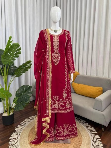 Impressive Red kurta Intricate Thread with Sequnce work Plazoo and dupatta with fancy lace detailing Ready To Wear Collection