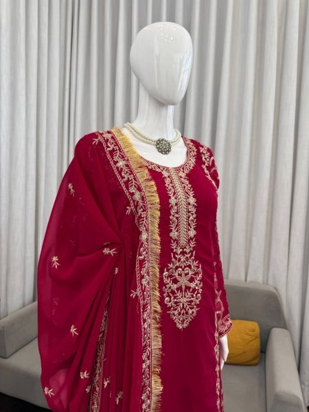 Impressive Red kurta Intricate Thread with Sequnce work Plazoo and dupatta with fancy lace detailing Ready To Wear Collection