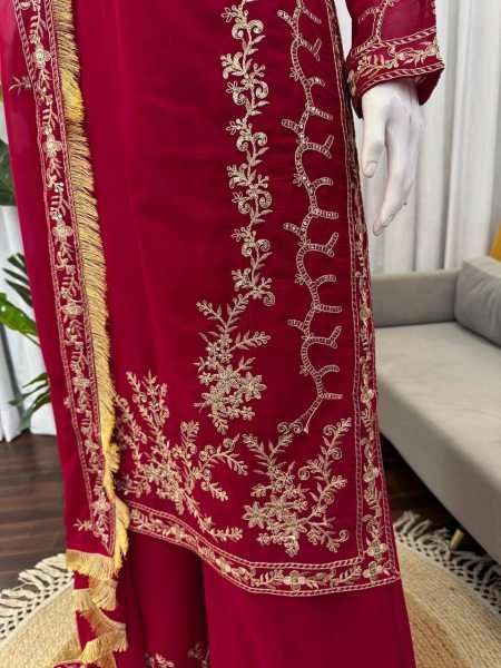 Impressive Red kurta Intricate Thread with Sequnce work Plazoo and dupatta with fancy lace detailing Ready To Wear Collection