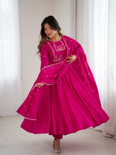 Impressive Roman Chanderi Silk Flared Anarkali Set  for Boutique Buyers Kurtis