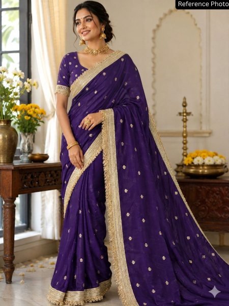Impressive Royal Purple Fendy Satin Embroidered Saree for Festive Celebrations 