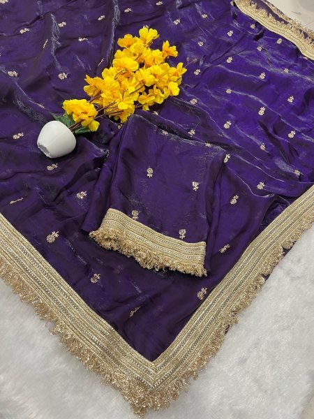 Impressive Royal Purple Fendy Satin Embroidered Saree for Festive Celebrations Silk Sarees Wholesale