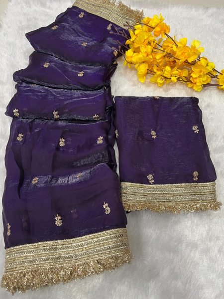 Impressive Royal Purple Fendy Satin Embroidered Saree for Festive Celebrations Silk Sarees Wholesale
