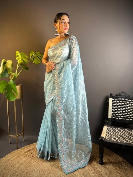 Impressive Sky Blue Twill Net Saree with Thread and Sequins Work For Wedding Wear Sarees 