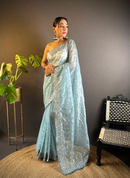 Impressive Sky Blue Twill Net Saree with Thread and Sequins Work For Wedding Wear Net Sarees Wholesale