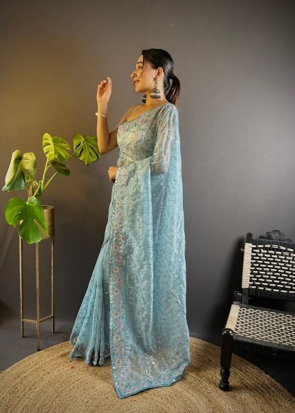 Impressive Sky Blue Twill Net Saree with Thread and Sequins Work For Wedding Wear Net Sarees Wholesale