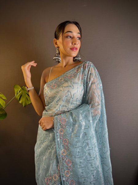 Impressive Sky Blue Twill Net Saree with Thread and Sequins Work For Wedding Wear Net Sarees Wholesale