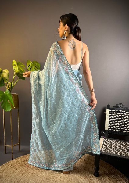 Impressive Sky Blue Twill Net Saree with Thread and Sequins Work For Wedding Wear Net Sarees Wholesale