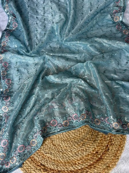 Impressive Sky Blue Twill Net Saree with Thread and Sequins Work For Wedding Wear Net Sarees Wholesale