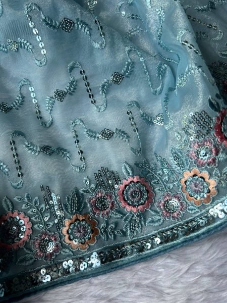 Impressive Sky Blue Twill Net Saree with Thread and Sequins Work For Wedding Wear Net Sarees Wholesale