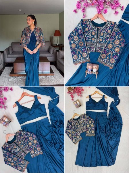 Impressive Teal Blue Designer Chinon Silk Lehenga Saree with Handmade Fancy Lace Jacket Ready To Wear Saree 
