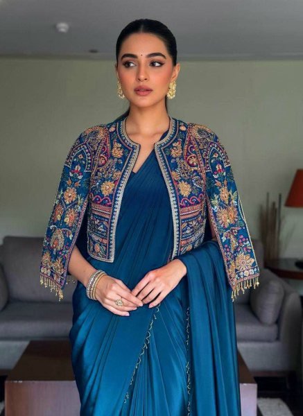 Impressive Teal Blue Designer Chinon Silk Lehenga Saree with Handmade Fancy Lace Jacket Ready To Wear Saree 