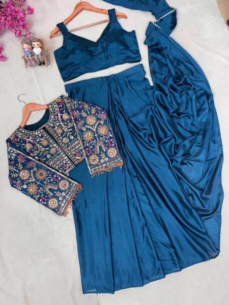 Impressive Teal Blue Designer Chinon Silk Lehenga Saree with Handmade Fancy Lace Jacket Ready To Wear Saree 