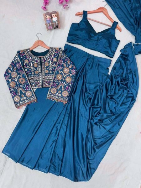 Impressive Teal Blue Designer Chinon Silk Lehenga Saree with Handmade Fancy Lace Jacket Ready To Wear Saree 