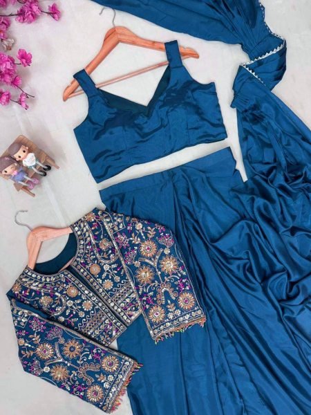 Impressive Teal Blue Designer Chinon Silk Lehenga Saree with Handmade Fancy Lace Jacket Ready To Wear Saree 