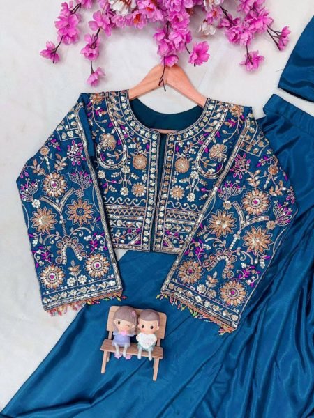 Impressive Teal Blue Designer Chinon Silk Lehenga Saree with Handmade Fancy Lace Jacket Ready To Wear Saree 