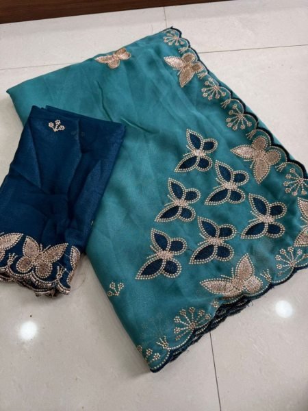 Impressive Teal Blue Georgette Saree with Running Blouse for Festive Wear Embroidery Sarees Wholesale