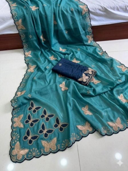 Impressive Teal Blue Georgette Saree with Running Blouse for Festive Wear Embroidery Sarees Wholesale