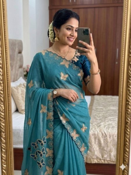 Impressive Teal Blue Georgette Saree with Running Blouse for Festive Wear Embroidery Sarees Wholesale