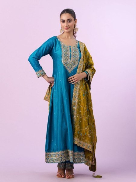Impressive Vichitra Silk Embroidered Kurti Pant Set with Vichitra Silk Dupatta for Festive Wear Kurtis