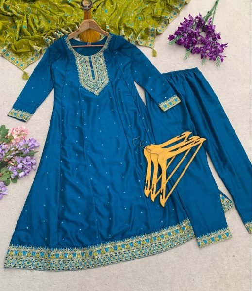 Impressive Vichitra Silk Embroidered Kurti Pant Set with Vichitra Silk Dupatta for Festive Wear Embroidery Kurtis 