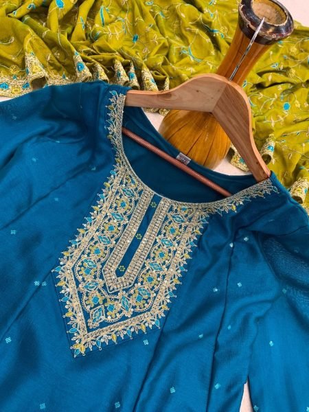 Impressive Vichitra Silk Embroidered Kurti Pant Set with Vichitra Silk Dupatta for Festive Wear Embroidery Kurtis 
