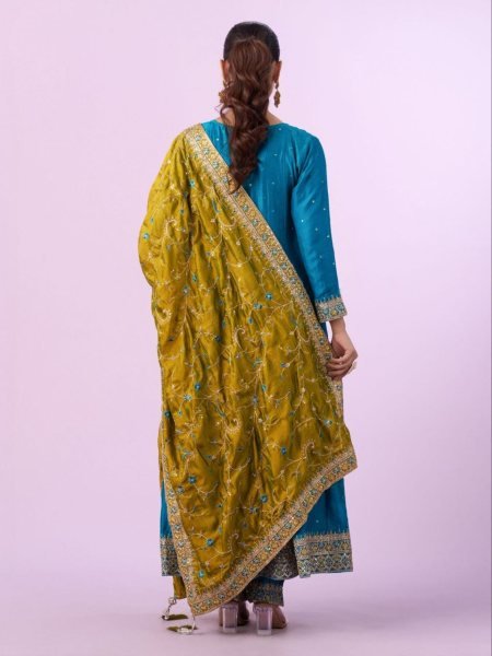 Impressive Vichitra Silk Embroidered Kurti Pant Set with Vichitra Silk Dupatta for Festive Wear Embroidery Kurtis 
