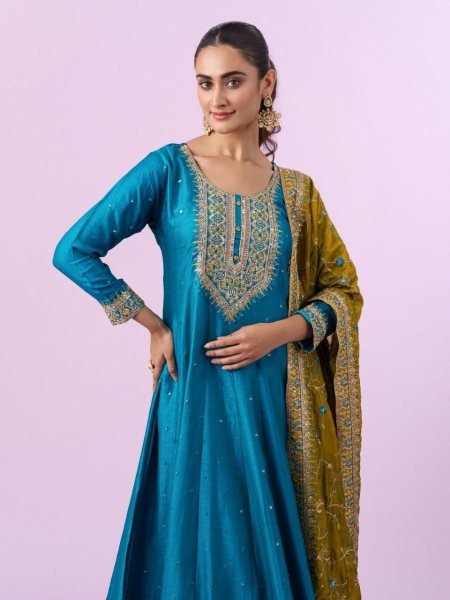 Impressive Vichitra Silk Embroidered Kurti Pant Set with Vichitra Silk Dupatta for Festive Wear Embroidery Kurtis 