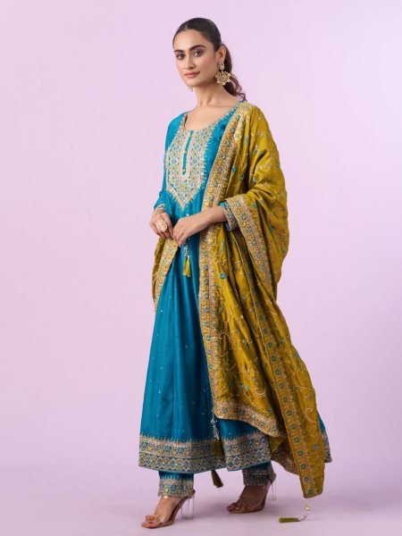 Impressive Vichitra Silk Embroidered Kurti Pant Set with Vichitra Silk Dupatta for Festive Wear Embroidery Kurtis 