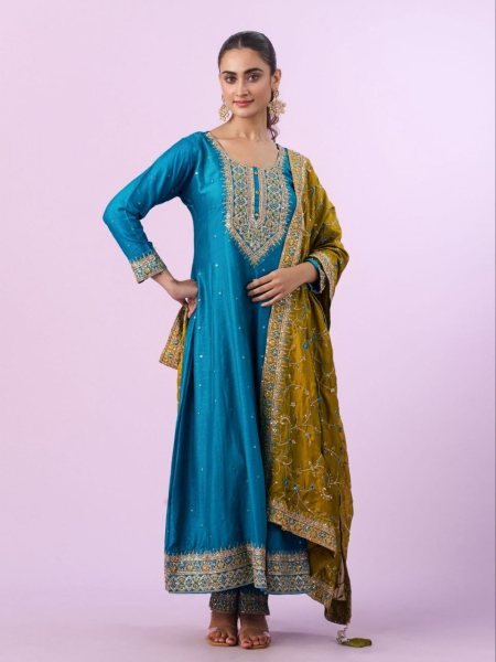 Impressive Vichitra Silk Embroidered Kurti Pant Set with Vichitra Silk Dupatta for Festive Wear Embroidery Kurtis 