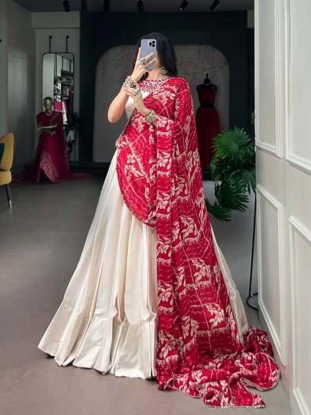 Impressive White Fully Stitched Monga Silk Lehenga Choli with Real Mirror Work at Wholesale Rate  Lehenga
