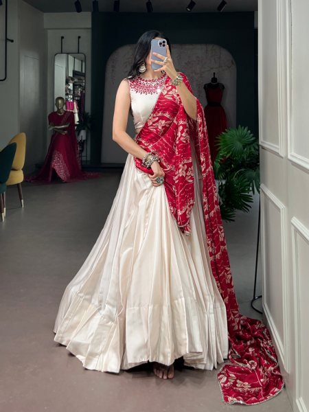 Impressive White Fully Stitched Monga Silk Lehenga Choli with Real Mirror Work at Wholesale Rate Navratri Lehnega Choli