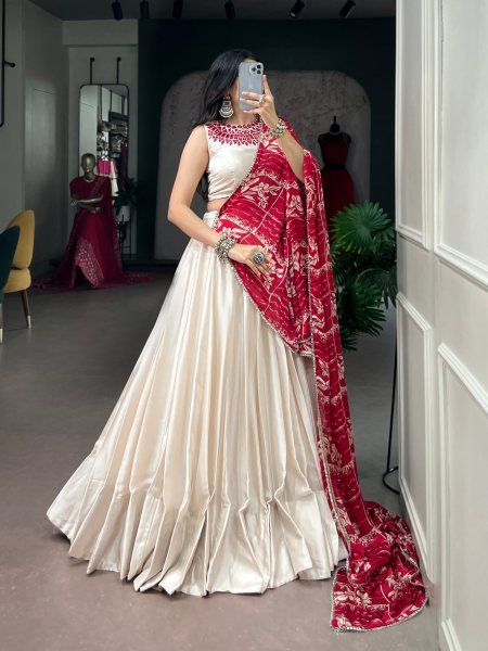 Impressive White Fully Stitched Monga Silk Lehenga Choli with Real Mirror Work at Wholesale Rate Navratri Lehnega Choli