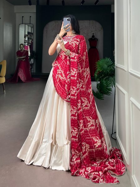 Impressive White Fully Stitched Monga Silk Lehenga Choli with Real Mirror Work at Wholesale Rate Navratri Lehnega Choli