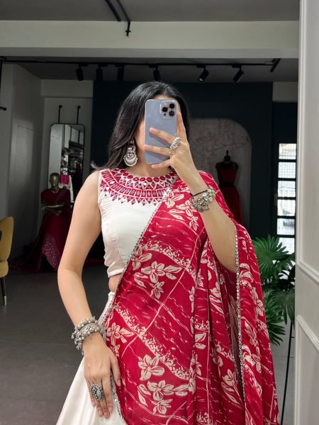 Impressive White Fully Stitched Monga Silk Lehenga Choli with Real Mirror Work at Wholesale Rate Navratri Lehnega Choli