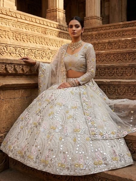 Impressive White Mirror Embroidered Lehenga Set with 4 Meter Flair at Wholesale Rate 