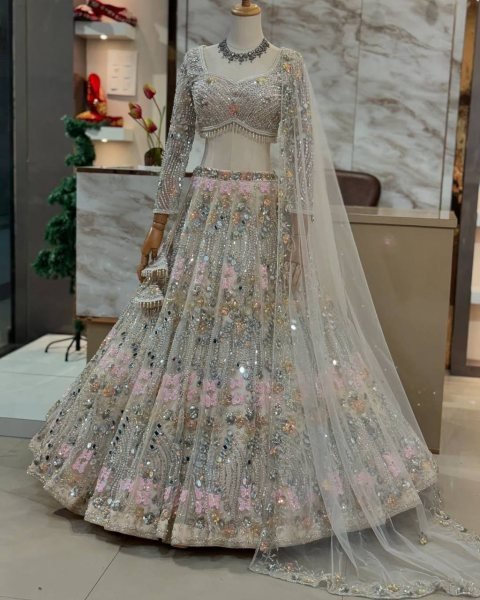 Impressive White Mirror Embroidered Lehenga Set with 4 Meter Flair at Wholesale Rate Bridal Lehenga Choli