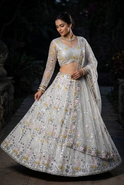 Impressive White Mirror Embroidered Lehenga Set with 4 Meter Flair at Wholesale Rate Bridal Lehenga Choli