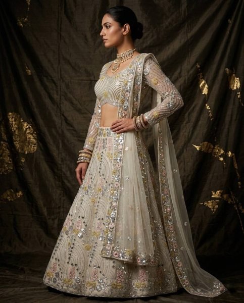Impressive White Mirror Embroidered Lehenga Set with 4 Meter Flair at Wholesale Rate Bridal Lehenga Choli