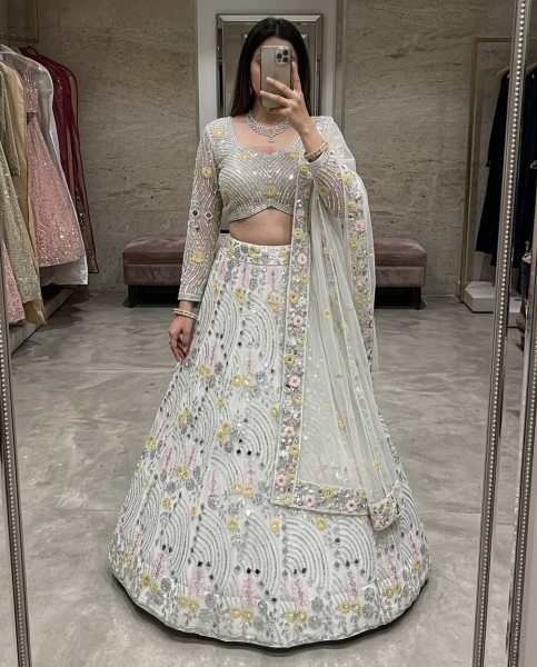 Impressive White Mirror Embroidered Lehenga Set with 4 Meter Flair at Wholesale Rate Bridal Lehenga Choli