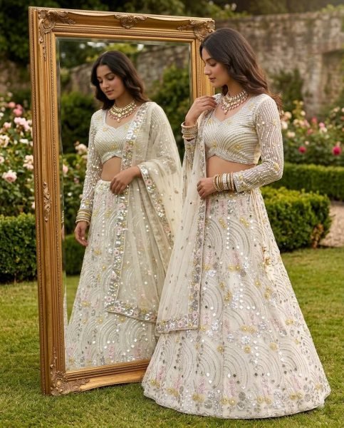 Impressive White Mirror Embroidered Lehenga Set with 4 Meter Flair at Wholesale Rate Bridal Lehenga Choli
