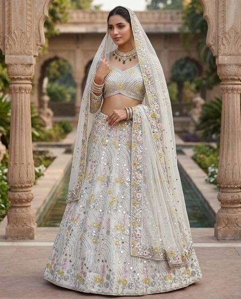 Impressive White Mirror Embroidered Lehenga Set with 4 Meter Flair at Wholesale Rate Bridal Lehenga Choli