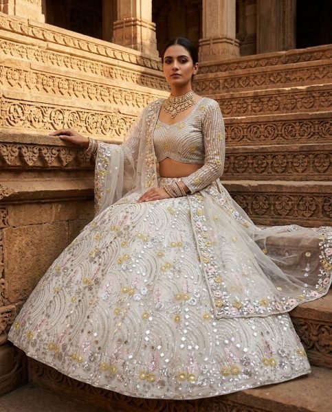 Impressive White Mirror Embroidered Lehenga Set with 4 Meter Flair at Wholesale Rate Bridal Lehenga Choli