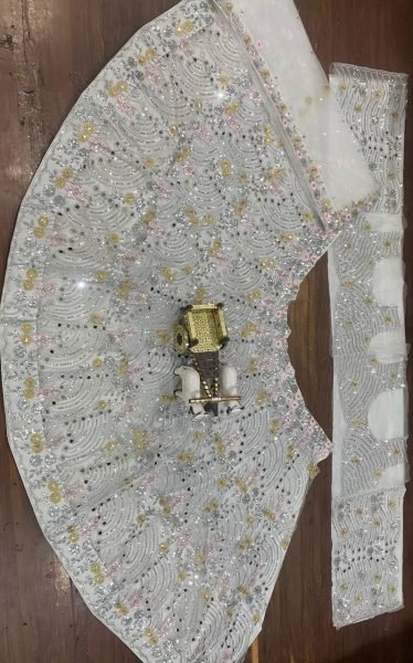 Impressive White Mirror Embroidered Lehenga Set with 4 Meter Flair at Wholesale Rate Bridal Lehenga Choli